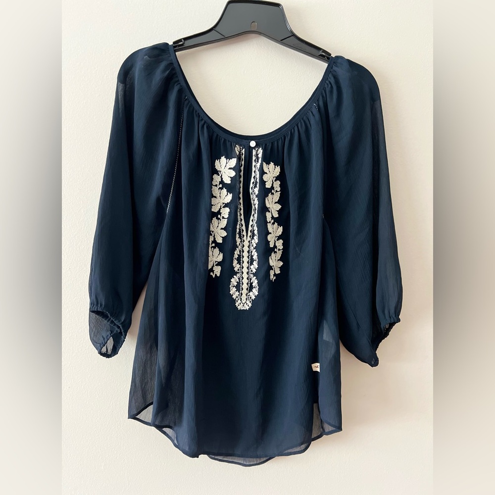 Hollister Blue and White Embroidered Top